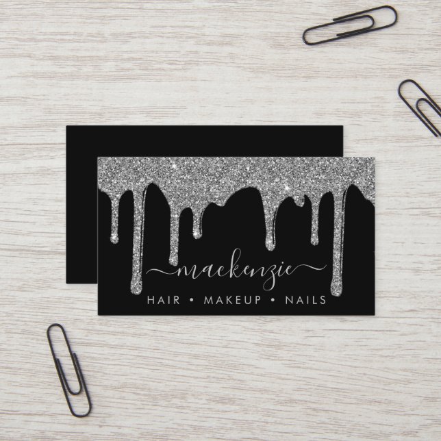 Luxury Black Silver Sparkle Glitter Drips Business Card (Front/Back In Situ)