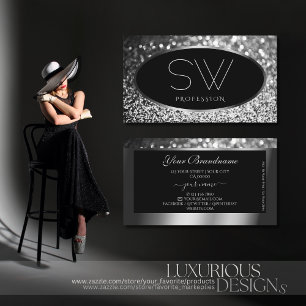Luxury Black Silver Sparkle Glitter with Monogram Business Card