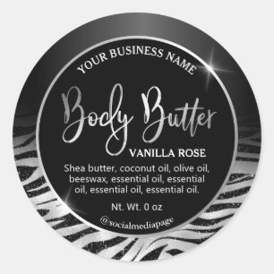 Luxury Black Silver Zebra Print Body Butter Labels