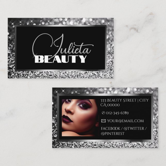 Luxury Black Sparkle Silver Glitter with Photo Business Card (Front/Back)