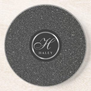 Luxury Black Sparkles Glitter Monogrammed Initial Coaster