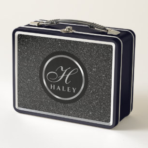 Luxury Black Sparkles Glitter Monogrammed Initial Metal Lunch Box