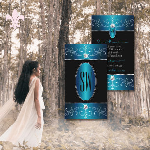 Luxury Black Teal Blue Ornate Ornaments Monogram Business Card