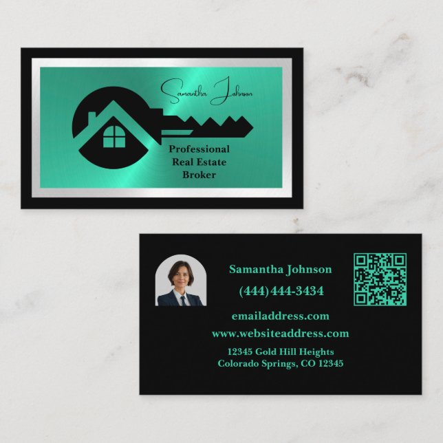 Luxury Black & Turquoise QR Code Photo Real Estate Business Card (Front/Back)