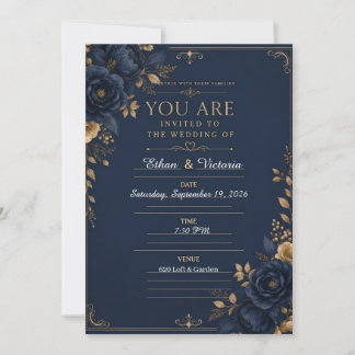 Luxury Black Wedding Invitation with Blue & Burgun