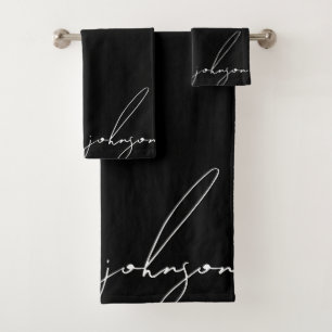 Luxury Black White Signature Script Monogram Bath Towel Set