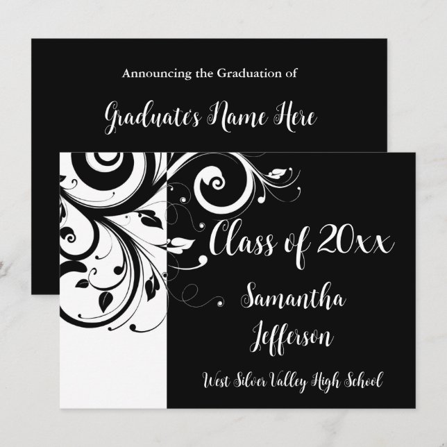 Luxury Black/White Swirl Graduation Announcement (Front/Back)