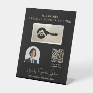 Luxury Blk Key Champagne Glitter Realtor QR Code Pedestal Sign