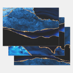 Luxury Blue and Gold Glitter Agate Birthday Wrapping Paper Sheet