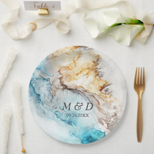 Luxury Blue And Gold Marble Wedding Paper Plate