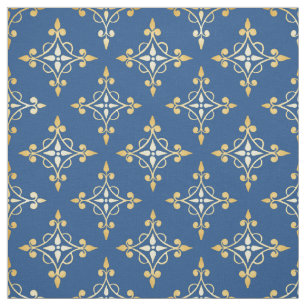 Luxury Blue and Gold Quatre Floral Damask Fabric