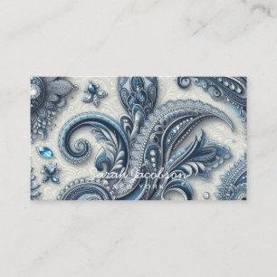 Luxury Blue and White Paisley Diamond Business Card