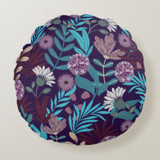Luxury Blue & Burgundy Floral Round Pillow