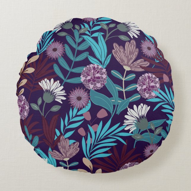 Luxury Blue & Burgundy Floral Round Pillow (Front)