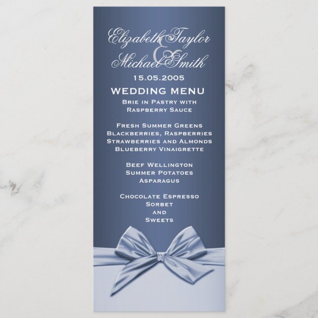 Luxury Blue Elegant Ribbon Wedding Menu (Front)