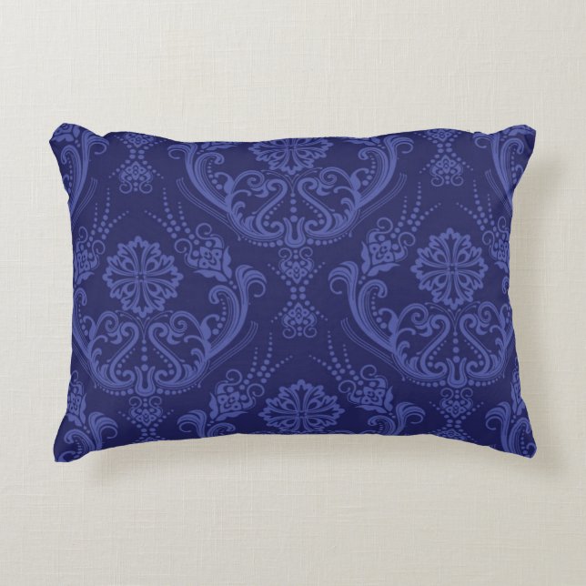 Luxury blue floral damask wallpaper accent pillow (Front)