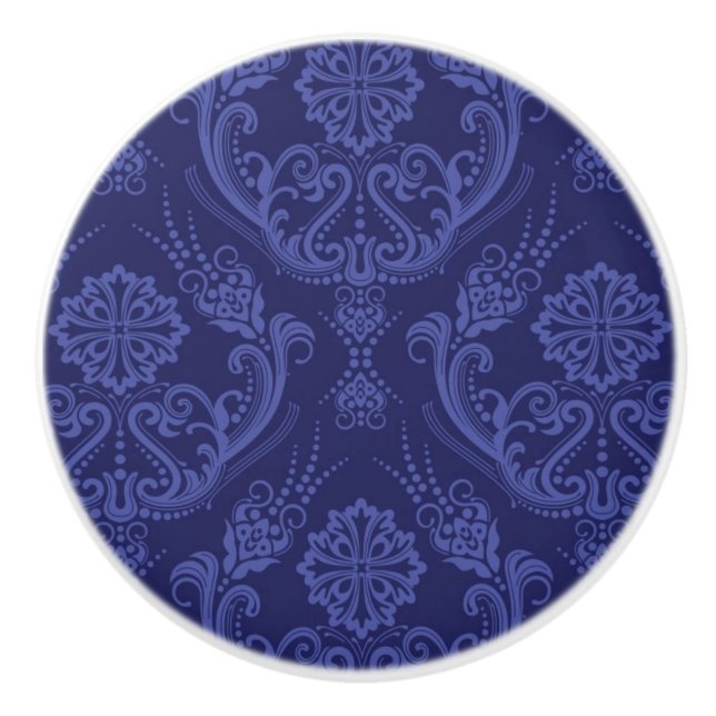 Luxury blue floral damask wallpaper ceramic knob (Front)