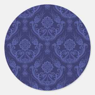 Luxury blue floral damask wallpaper classic round sticker