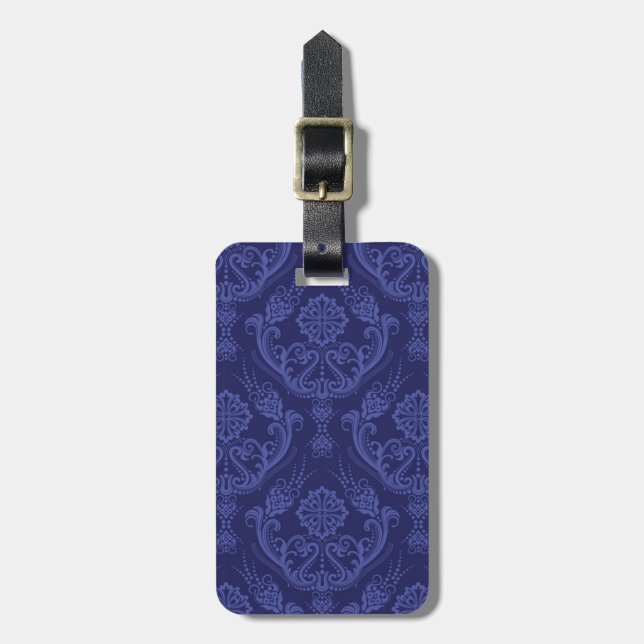 Luxury blue floral damask wallpaper luggage tag (Front Vertical)