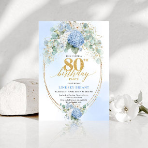 Luxury Blue Floral Eucalyptus 80th Birthday Invite
