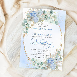 Luxury Blue Floral Wheat Gold Oval Wedding Invites