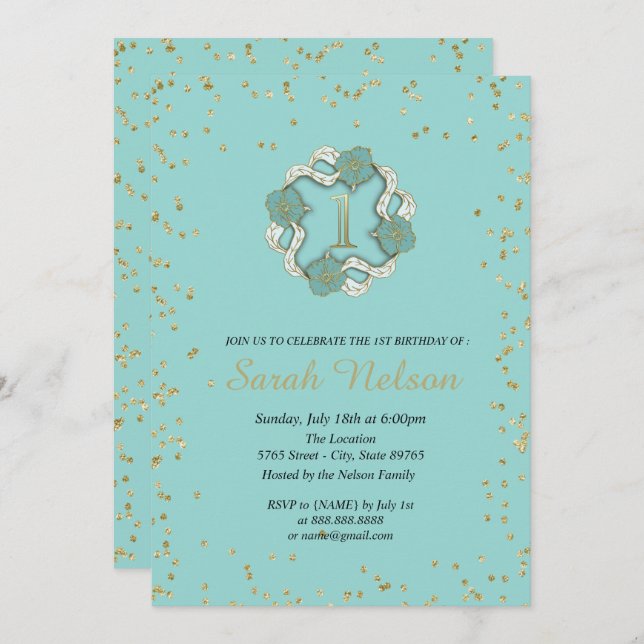 Luxury Blue Flowers Gold Glitter Party Invitation (Front/Back)