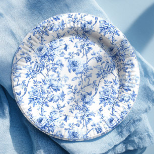 Luxury Blue French Toile Roses Floral Paper Plates