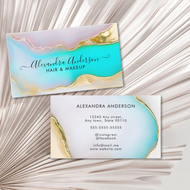 Luxury Blue Gold Agate Marble Opal Script Business Card (Luxury Blue Gold Agate Marble Opal Script Business Card)