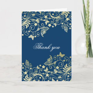 Luxury Blue Gold Floral Swirls Thank you card