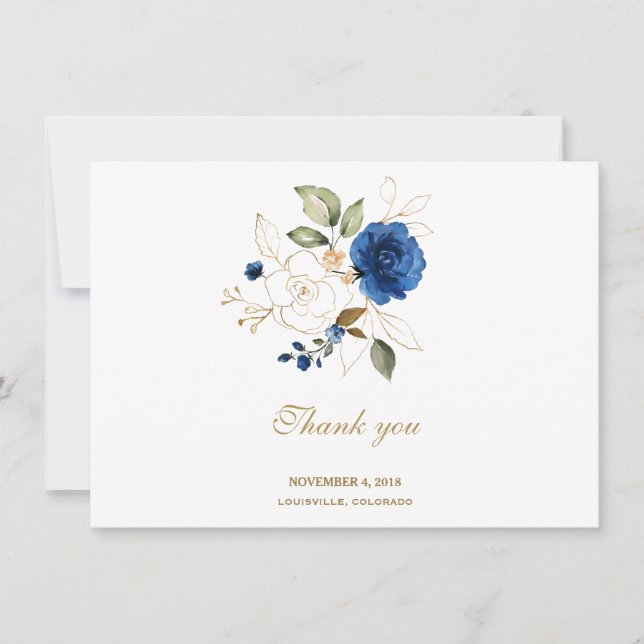 Luxury Blue Gold Floral Wedding Thank You (Front)
