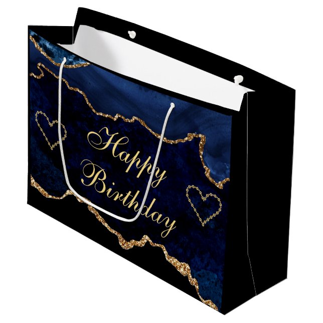 Luxury Blue & Gold Glitter Agate Happy Birthday Large Gift Bag (Front Angled)