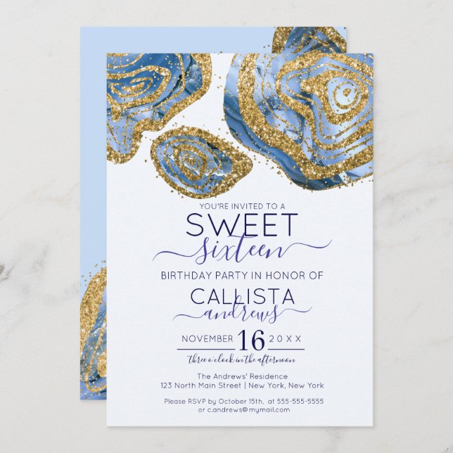 Luxury Blue Gold Marble Agate Glitter Sweet 16 Invitation (Front/Back)