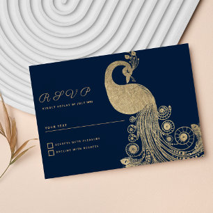 Luxury blue gold royal peacock elegant RSVP Invitation