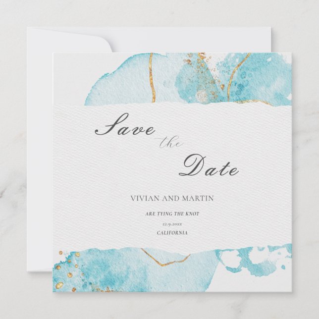 Luxury Blue Gold Watercolor Abstract Save The Date Invitation (Front)