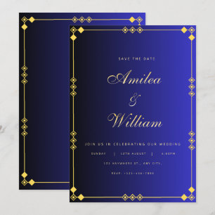 Luxury Blue & Gold Wedding Invitation – Elegant Ar