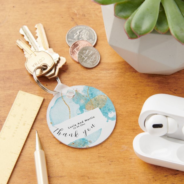 Luxury Blue & Golden Watercolor Thank You Wedding Keychain (Desk)