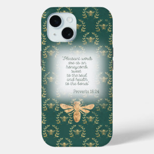 Luxury Blue Green Gold Bee Wreath Grid Christian  iPhone 15 Case
