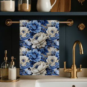 Luxury Blue Ivory Floral Elegant Kitchen Towel 