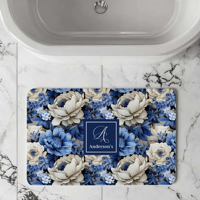 Luxury Blue Ivory Flowers Personalized Bath Mat (Luxury Blue Ivory Flowers Personalized Bath Mat)