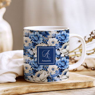 Luxury Blue Ivory Flowers Personalized Coffee Mug