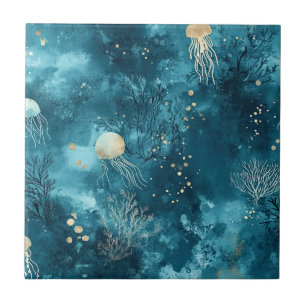 Luxury Blue Jellyfish Coral Ocean Pattern Tile