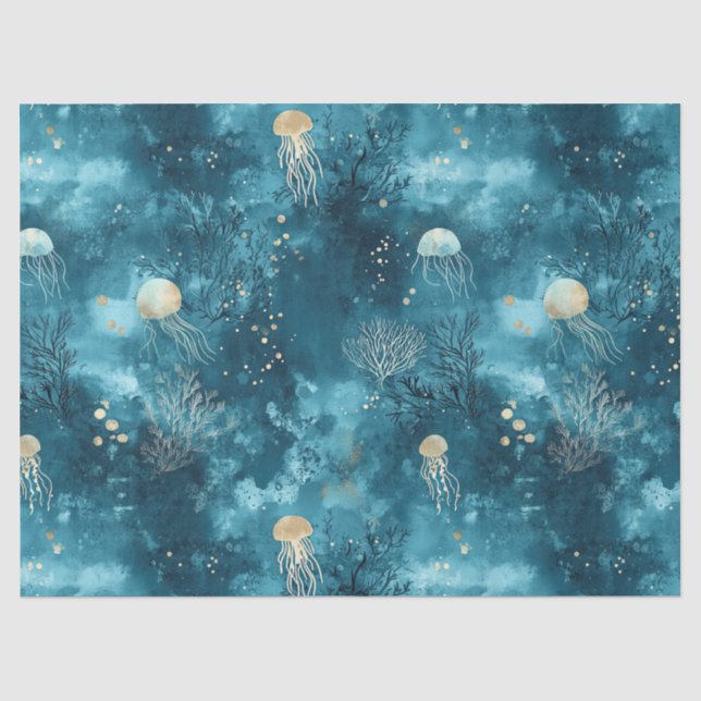 Luxury Blue Jellyfish Coral Ocean Pattern Tissue Paper (Front)