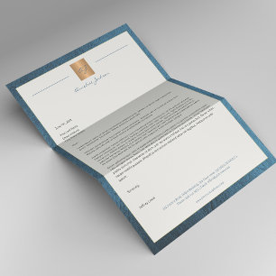 Luxury blue leather frame gold monogram business letterhead