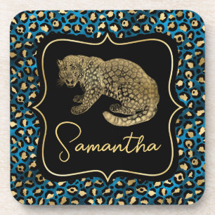 Luxury Blue Leopard Print Gold Animal Monogram Coaster