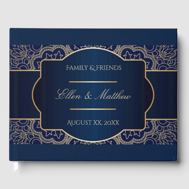 Luxury Blue, Navy, Gold, Wedding Reception Guest Book (Front)