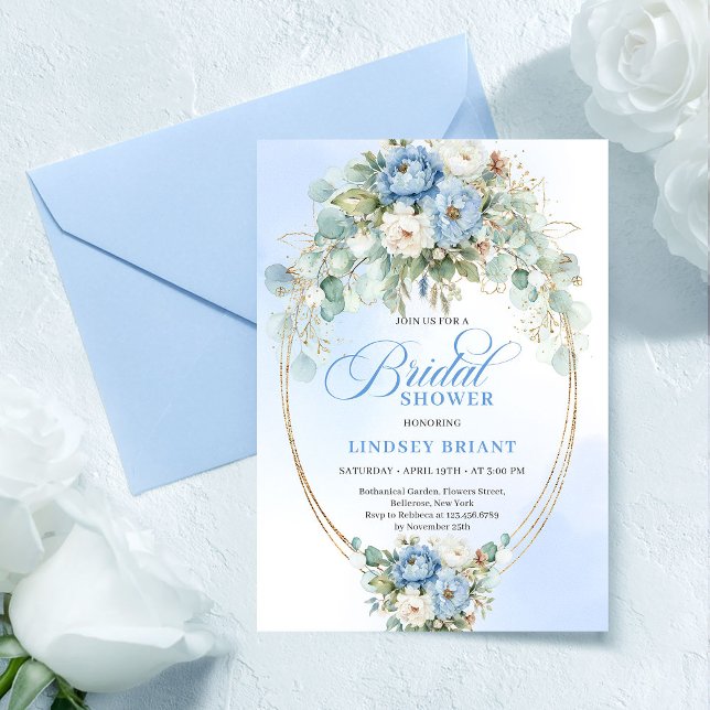Luxury Blue Peonies Eucalyptus Gold Bridal Shower  Invitation (Luxury Blue Peonies Eucalyptus Gold Bridal Shower Invite)