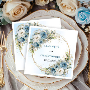Luxury Blue Roses Gold Frame Wedding Napkins