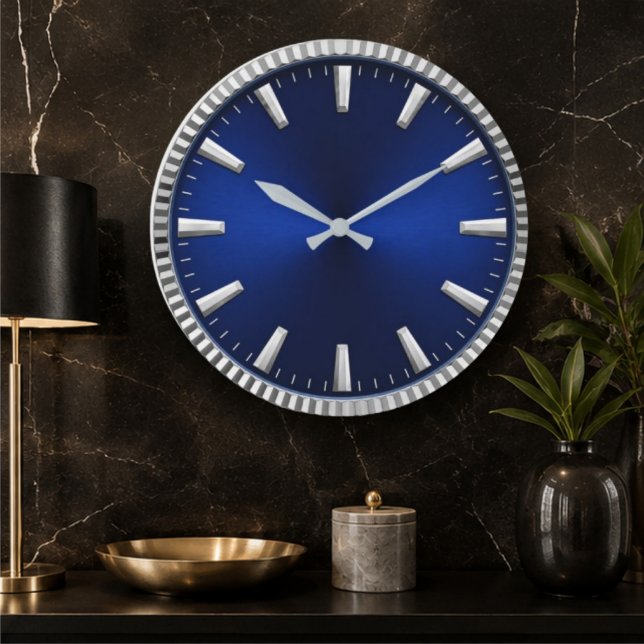 Luxury Blue & Silver Royal Blue Minimalist Large Clock (Creator Uploaded)