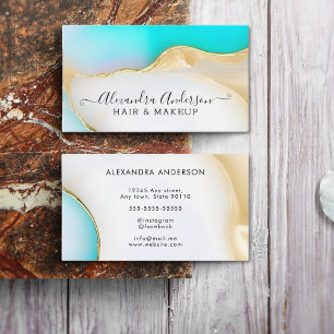 Luxury Blue White Gold Agate Marble Script Business Card