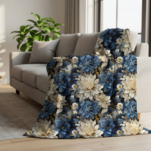 Luxury Blue White Ivory Floral Warm Fleece Blanket